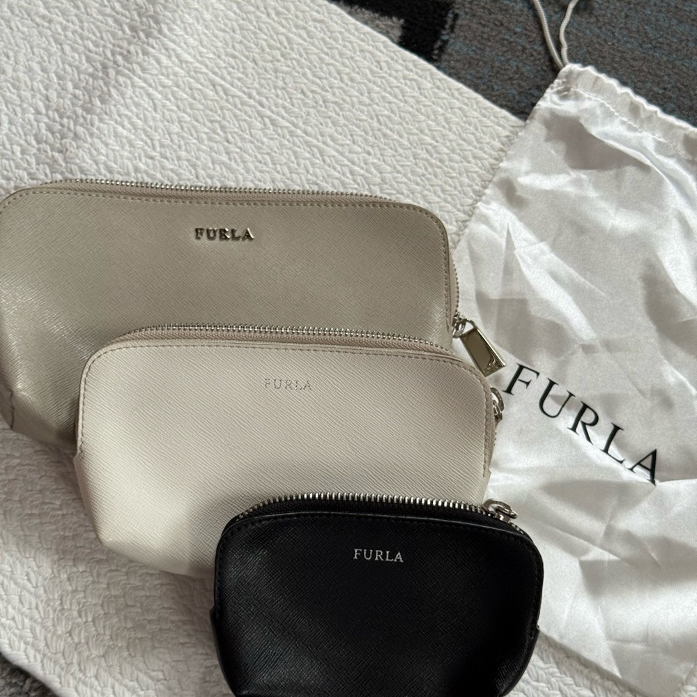 Furla Beige and Black Cosmetic Bag Trio